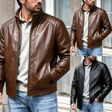 Autumn Winter Men's PU Leather Jacket Stand Collar Windproof Casual Solid Coat