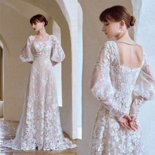 Medieval Puff Sleeve Vintage Wedding Dresses Square Neck Romantic Bridal Gowns