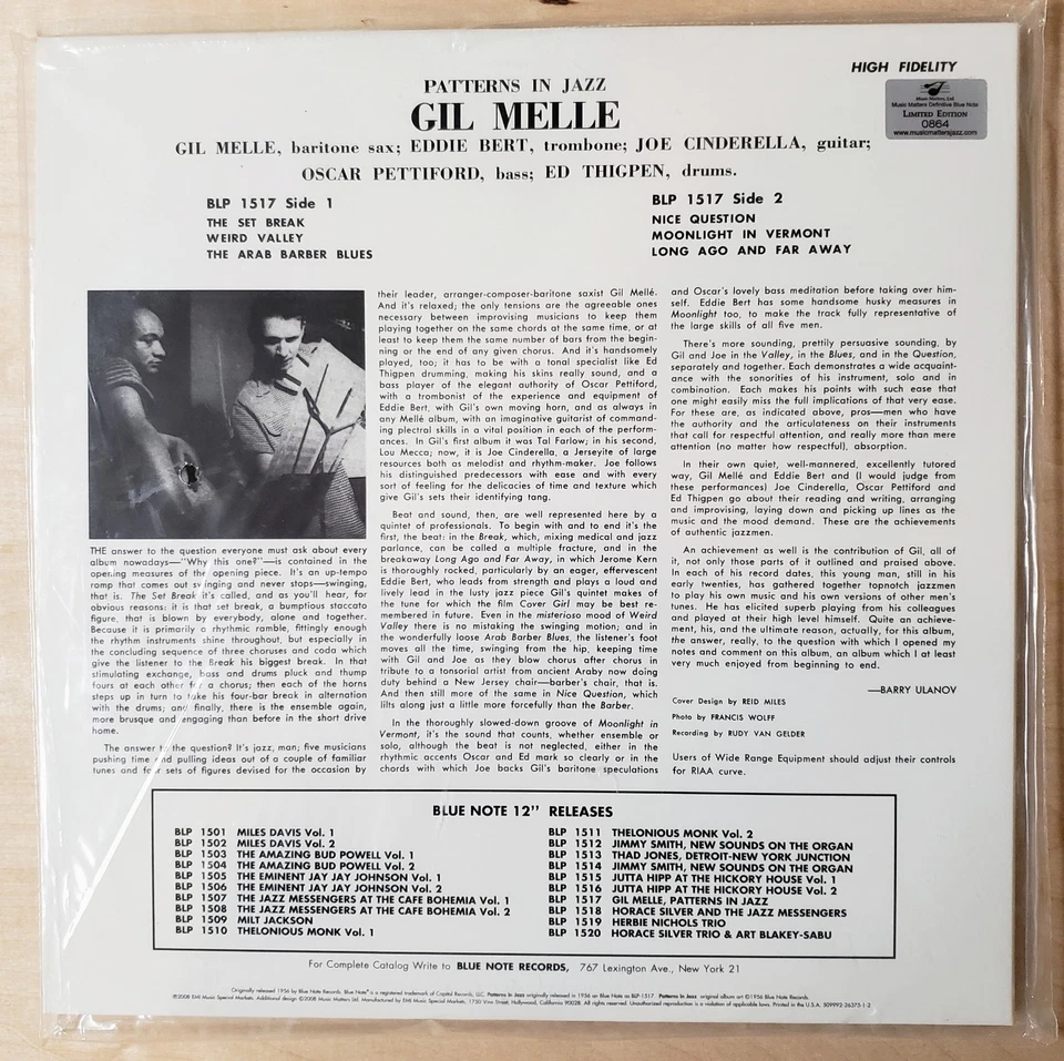 Gil Melle Patterns In Jazz Music Matters Blue Note Sealed AAA Vinyl 2X45rpm #864 - Image 2 of 3