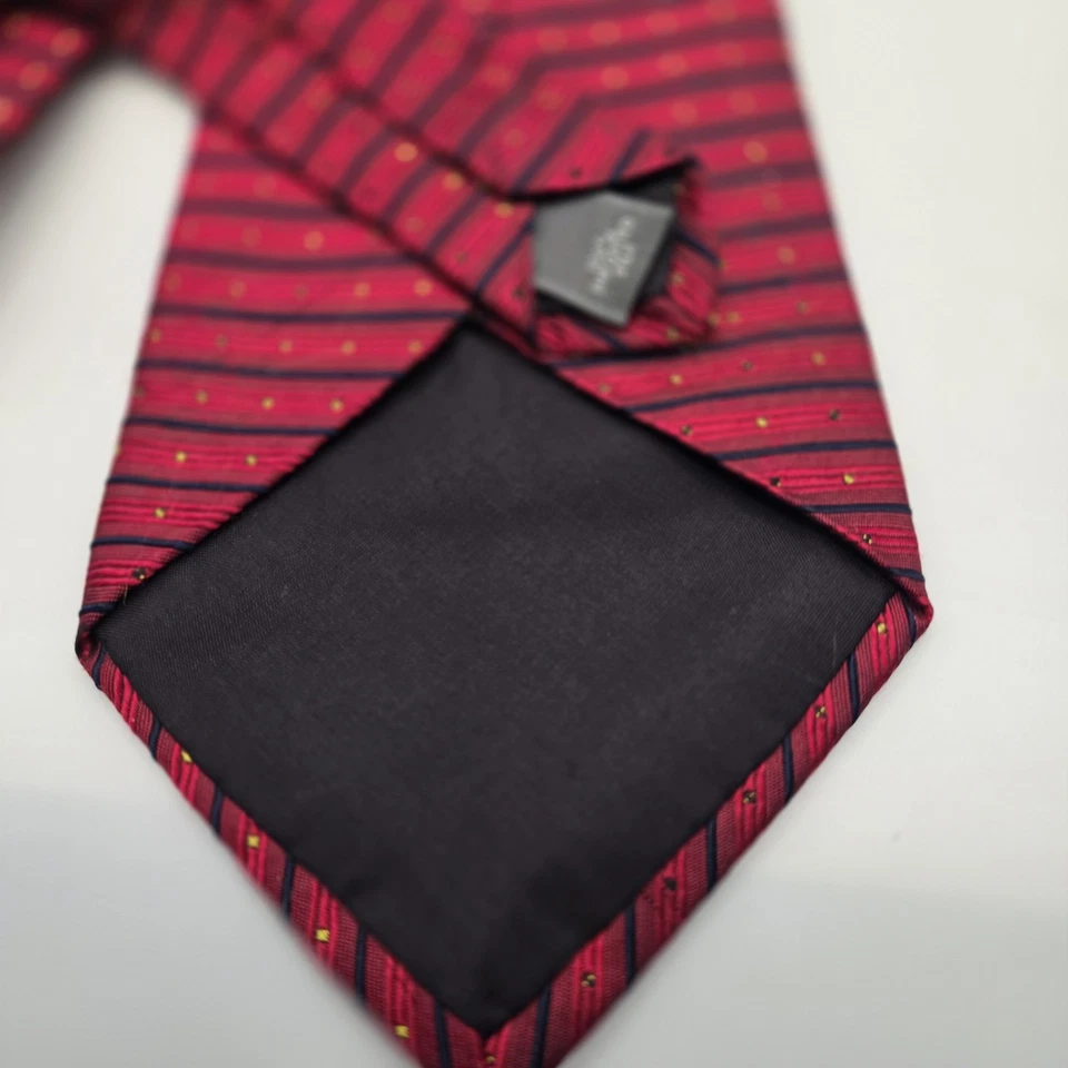 Corbata Halston Hombre Rayas Rojas y Azules con Lunares Dorados 100% Seda L59 1/4"W4" Foto 4 de 4