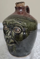 Vintage 2012 Folk Art, Handmade Face Jug with Handle&Cork Stopper,Collector Item