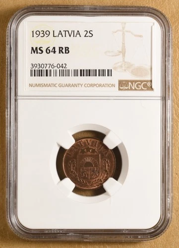 1939 Latvia 2 Santimi NGC MS64RB