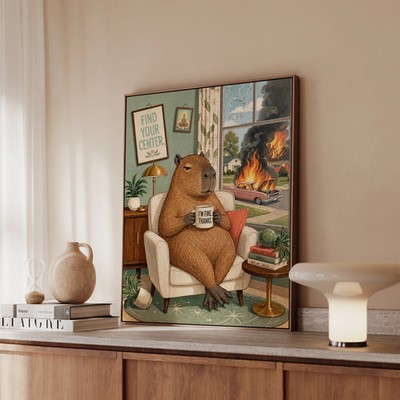 ''I'm Fine Thanks'' - Capybara Vertical Framed Canvas - Dark Burnout Humor Wall