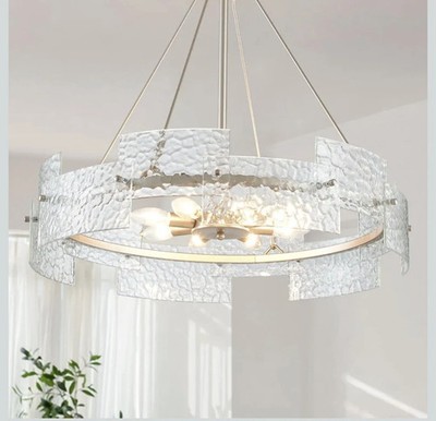 XINGQI 26'' Large 8-Light Modern Silver Glass Chandelier Drum Light Fixture Round