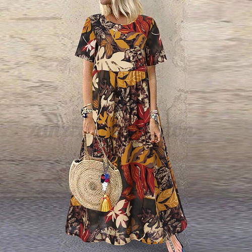 Women Fashion Plus Size Short Sleeve Kaftan Summer Vintage Long Maxi Shirt Dress - Picture 8 of 11