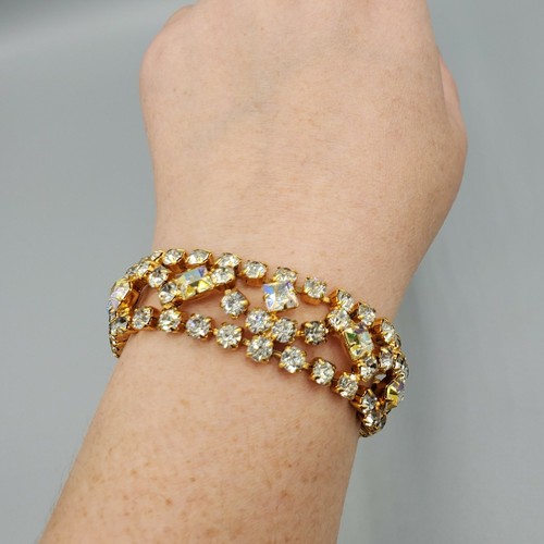 "Brazalete de eslabones anchos de diamantes de imitación Chaton cuadrado AB y años 50 sin firmar 7,25""" - Imagen 6 de 10