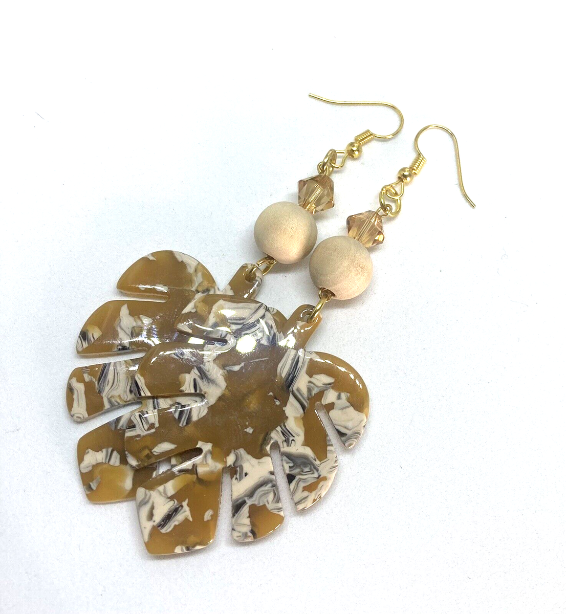 Monstera Leaf Earrings in Amber and Cream with Swarovski Crystal and Wood  Beads. | eBay