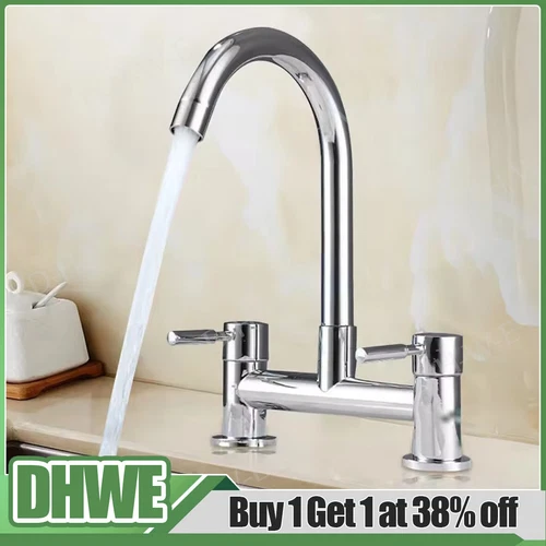 Modern Dual Lever Chrome Kitchen Sink Mixer Taps 2 Hole Deck Mounted Tap Faucet