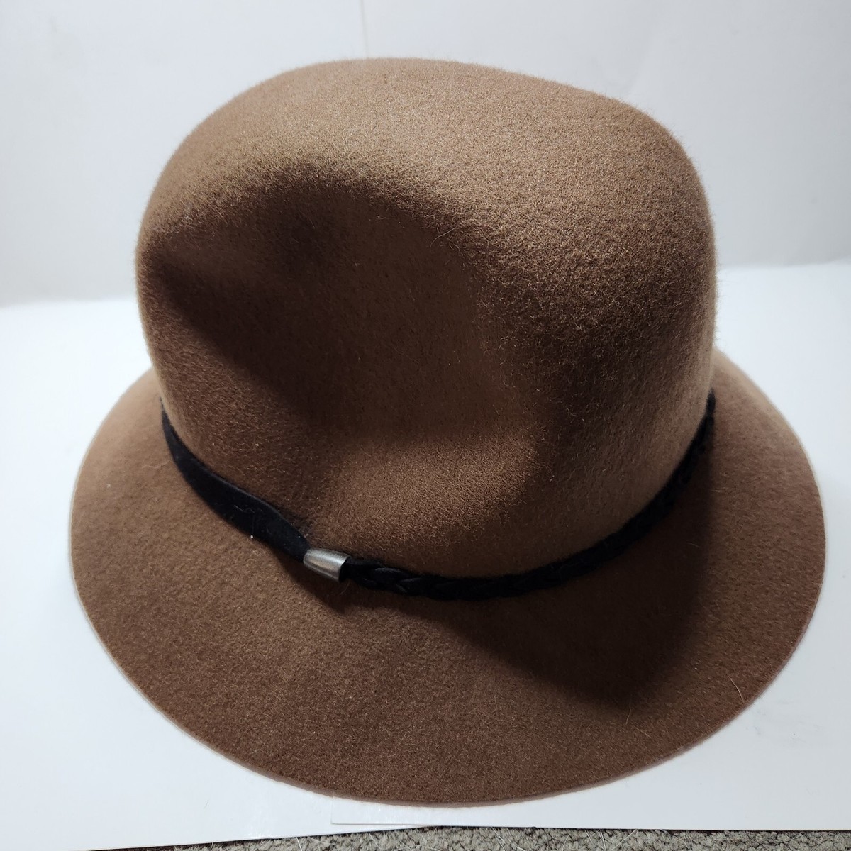 Nine West Brown Wool Black Braid Band Boho Wide Brim Bucket Hat O