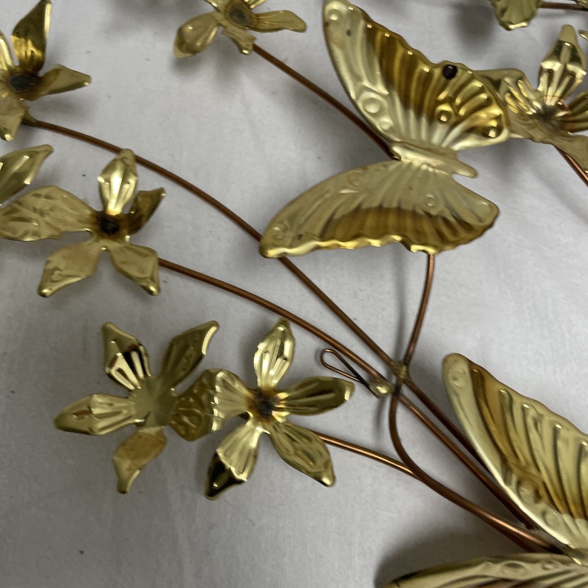 2 Vintage MCM Brass 16” Hummingbird & Flower Wall Art Decor