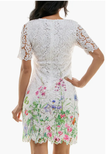 Nina Leonard Floral Border Elbow Sleeve Lace Sheath Dress new medium QVC bxc - Picture 2 of 8