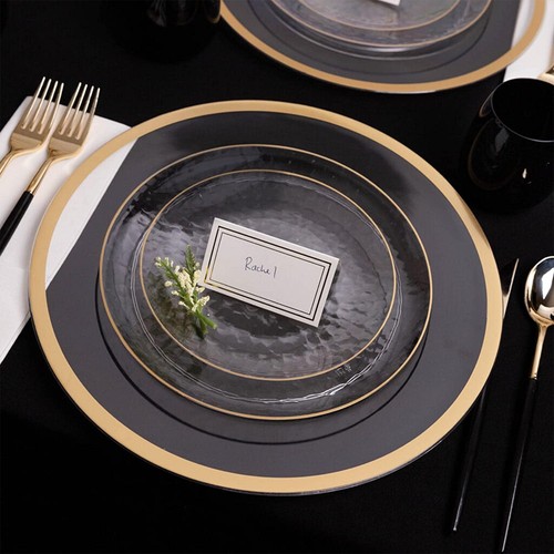 10 in Round Hammered Translucent Clear Plastic Dinner Plates with Gold Rim China - Picture 3 of 4