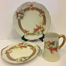 Limoges 3 Pcs Set D& Co Cake Plate Charger PL Limoges Tankard Red Berries Design