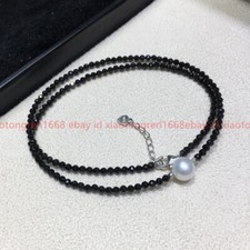 Natural 3mm Faceted Black Spinel 7-8mm White Freshwater Pearl Necklace 16-24''