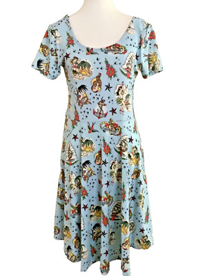 LIQUOR BRAND island Tattoo Skate Dress Sz XL NWOT blue