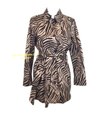 Chaps Sz M Jacket Trench Coat Button Front Belted Zebra Print Tan And Beige