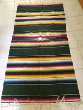 Vintage 1940's Mexican Saltillo Serape Blanket 74X37 Wool warp Cotton Weft GREEN