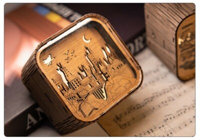 3D Handmade wooden carved  music box with night light, touch control