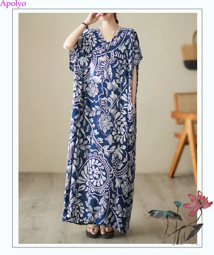 Retro Women Boho Maxi Long Shirt Sundress Summer Casual Cotton Plus Dress Kaftan - Picture 8 of 18