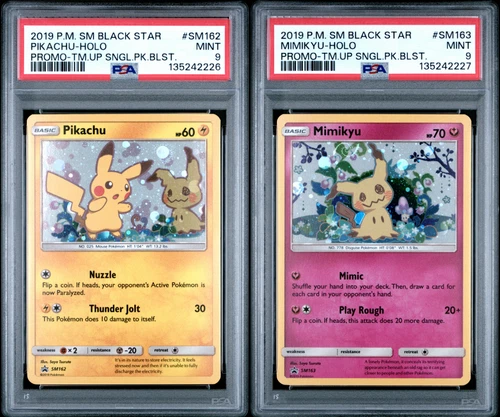 PSA 9 Pikachu SM162 + Mimikyu SM163 Pokemon Team Up *SEQUENTIAL Set w/ HD Swirl!