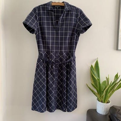 Brooks Brothers Hemdkleid kariert blau marine Plissee Fit Flare Gürtel Knopf 12 8