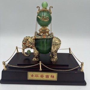 Jade Green Stone Gold Feng Shui Elephant Peace and Good Fortune