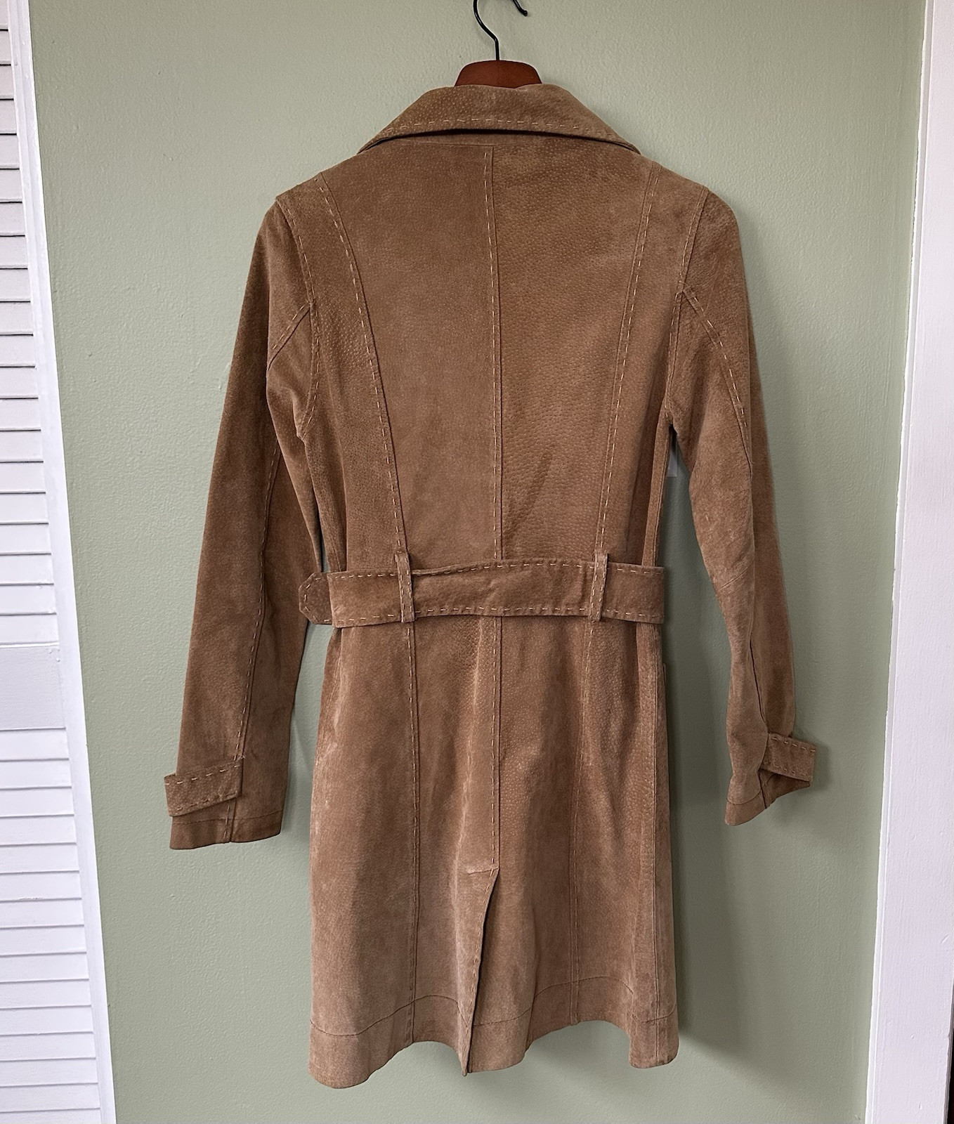 VTG Y2K Wet Seal Suede Leather Wide Belted Stitched Detail Coat Jacket Sz Small