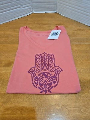 Life Is Good Hamsa Lotus Crusher Vee Ladies Sz M Flamingo Pink Yoga NWT 