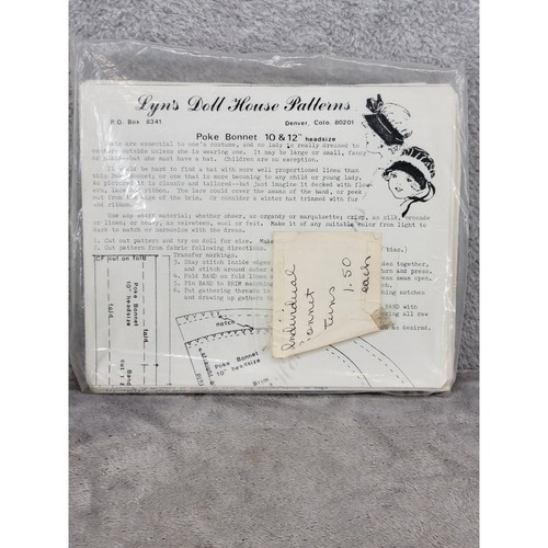 Lyn's Doll House Patterns Poke Bonnet 10 & 12 headsize Vintage Sewing Pattern