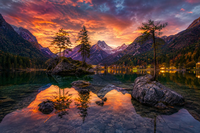 Sunset Lake Reflection Wallpaper, Ultra HD Mountain Landscape Background