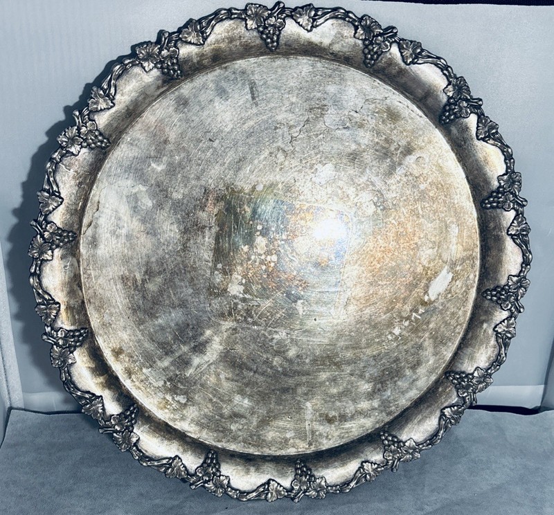 Silverplate Round Serving Tray Platter Grape Pattern Baroque & Rococo Rim