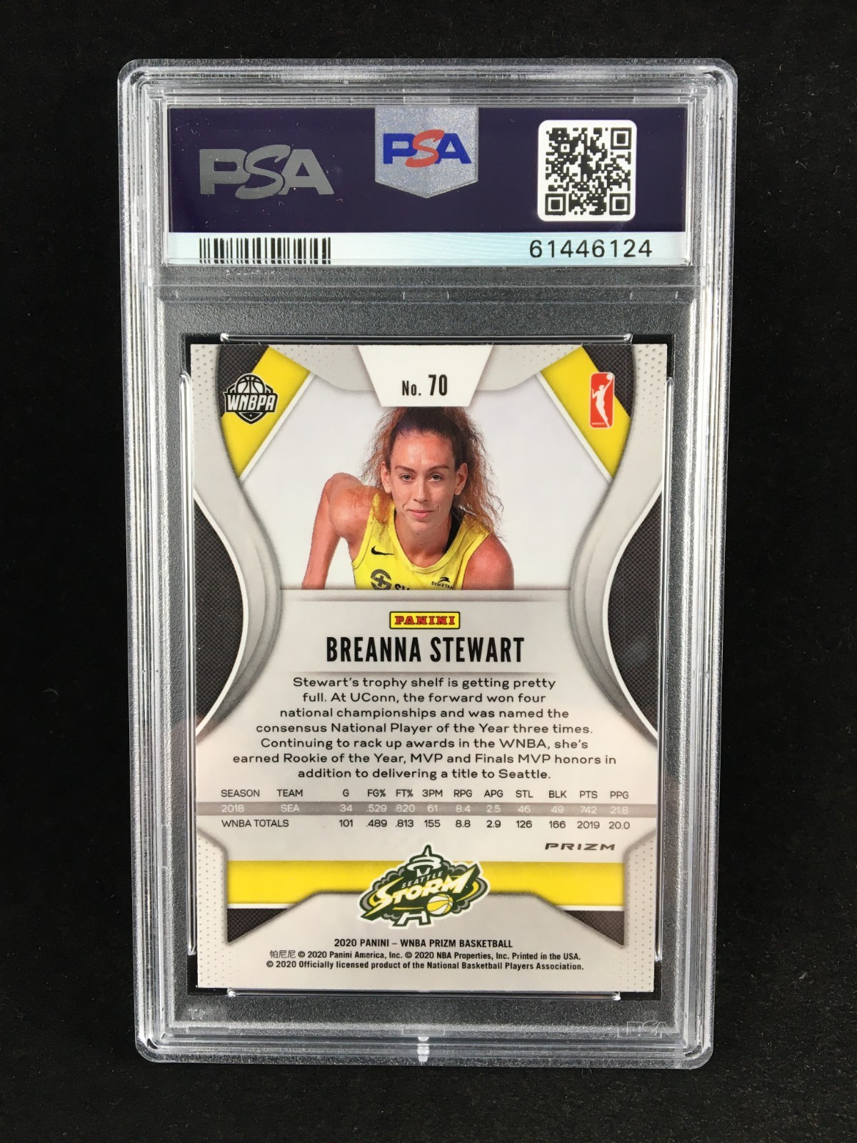 PSA 10 Pop 3 Breanna Stewart 2020 Panini WNBA Prizm GREEN ICE SSP #70 Storm B view 2