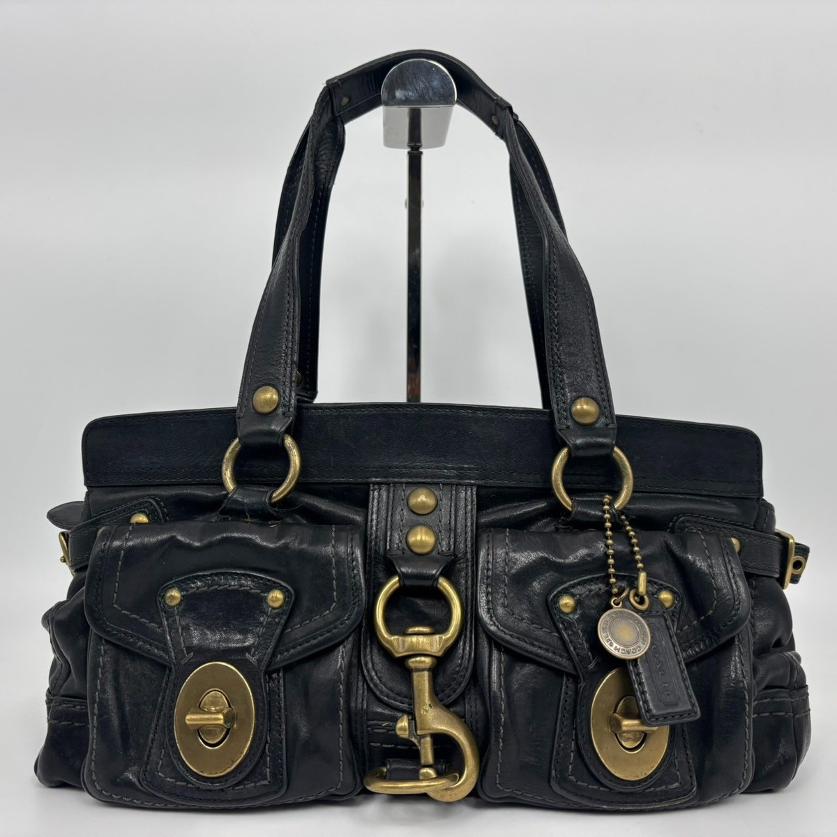 バッグ Vintage Coach Shoulder Bag Leather Y2K COACH Shoulder bag Black Leather Stripe Zip y2k Old Vintage From