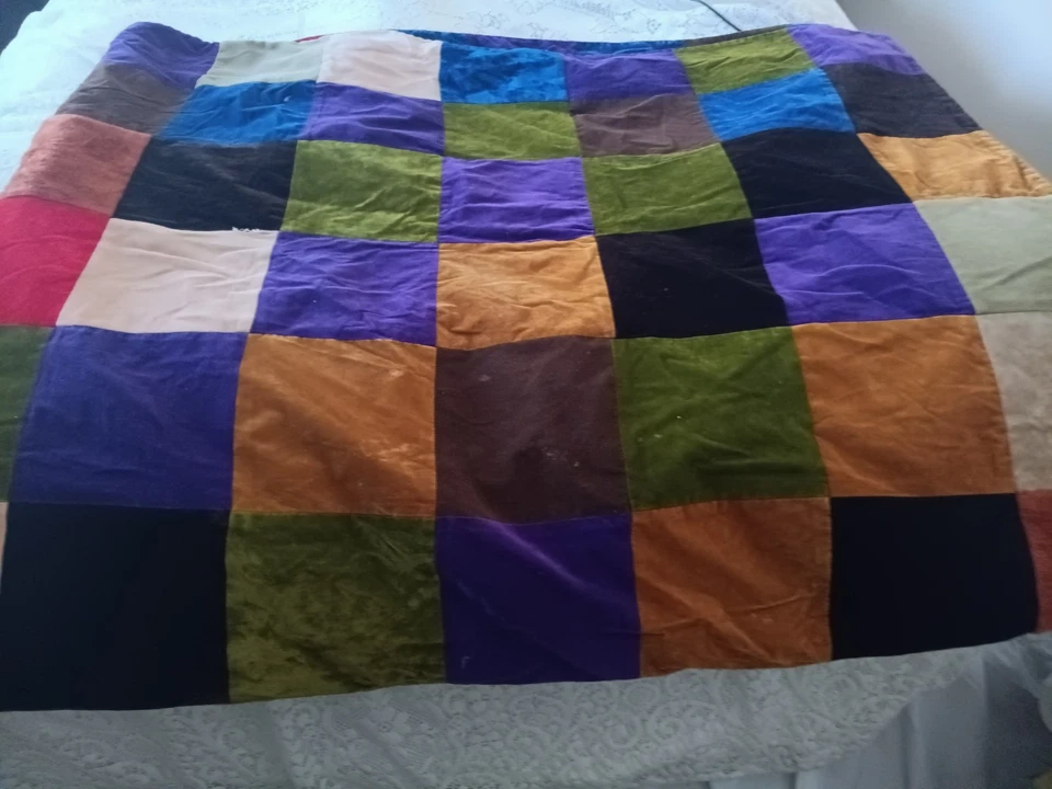 复古 70 年代天鹅绒拼布嬉皮波西米亚被子床罩毯双人 86x73 — 第 3/4 张图片