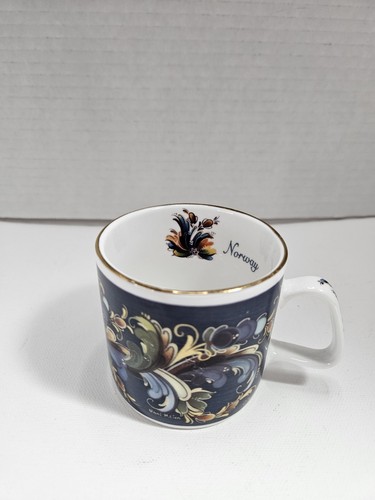 Vtg Nord Souvenir Cup Norway Norwegian Unni Lien Rosemaling Blue 4oz. Signed