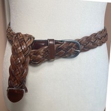 Vintage Braided Leather Belt Brown Woven Boho Waist Belt Silver Buckle Size 32