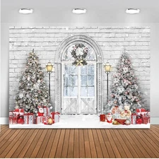 7x5ft Winter Photography Backdrop, Glitter White, Xmas Brick Wall, Snowy Pine