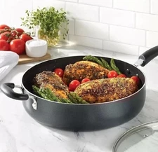 Large Deep Frying Pan With Glass Lid Non Stick Saute Fry Pan 2 Handle 5 QT