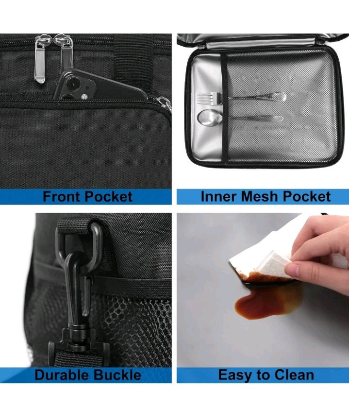 Femuar Adult Reusable Lunch Cooler Bag w/adjustable Straps, Black