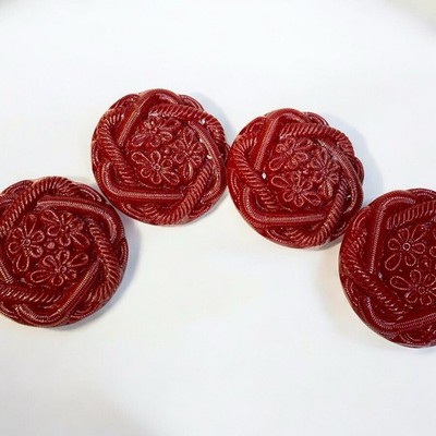 Vintage 1940s Celluloid Faux Cinnabar Buttons - Oxblood Red Floral Rope Border