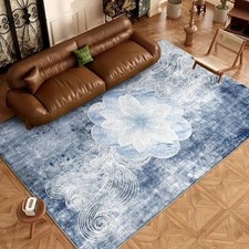 Velvet New Chinese Style Blue and White Lotus Carpet, Elegant Zen Art Mat for Li