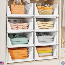 5 Pack Stackable White Storage Baskets, Foldable Closet Organizer for Clothes,