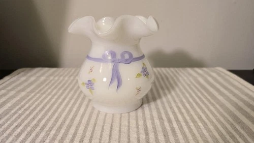 Vintage Fenton White Ruffled Edge Milk Glass Vase Hand Painted,  Signed