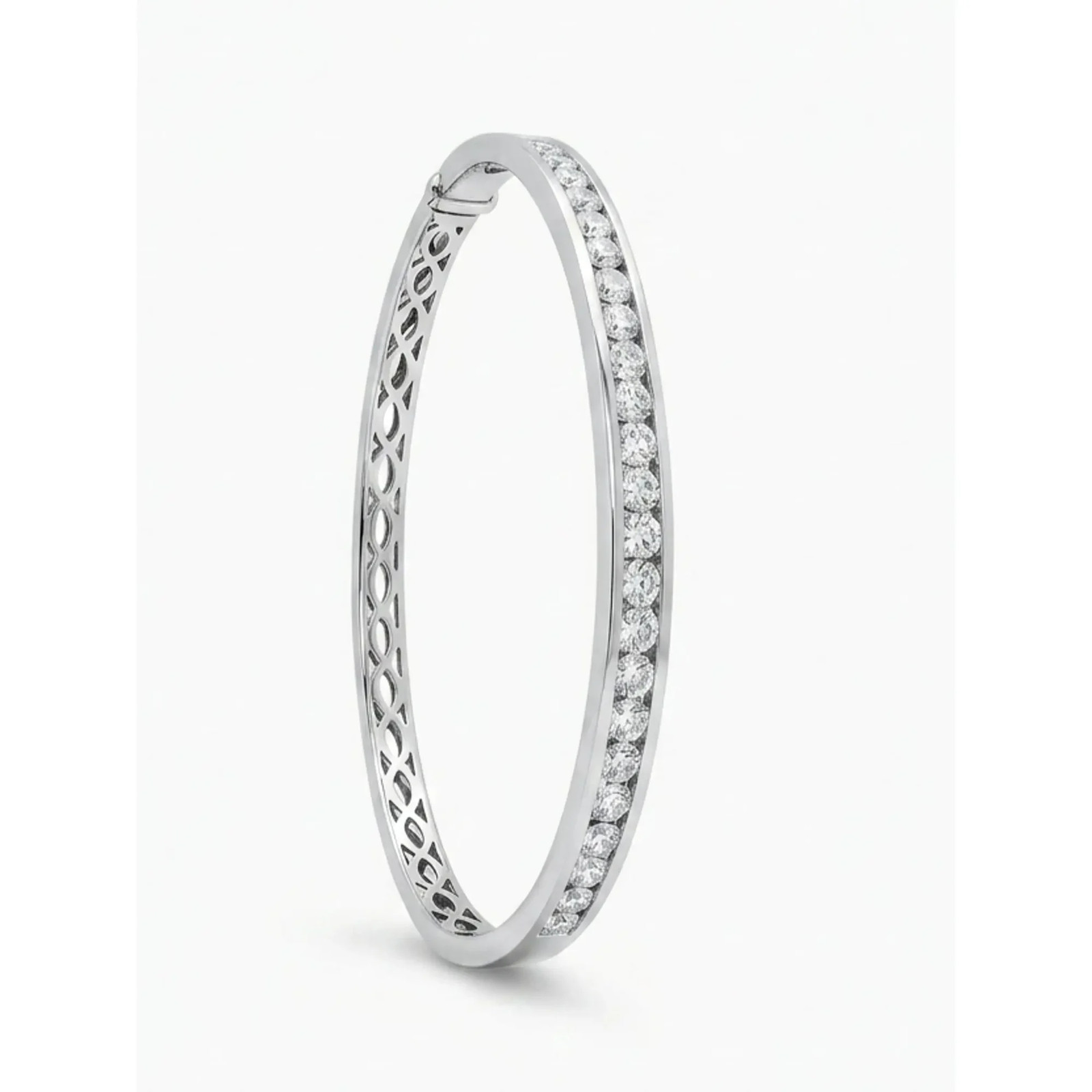 Memoire Channel Set Round Diamond Bangle Bracelet 18K White Gold 2.30Ctw