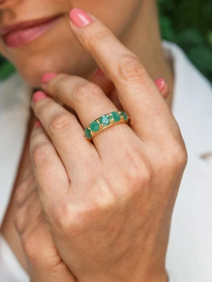 2 Ct Round Lab Created Emerald & Diamond Anniversary Ring 14k Yellow Gold Plated - Image 3 of 4