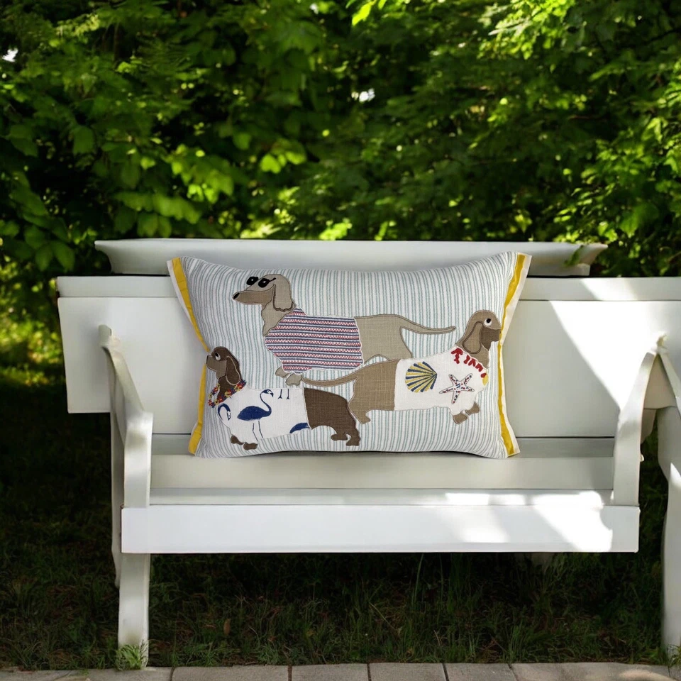 Pier 1 Almohada Dachshunds Perros Bordado Patchwork Náutico Decorativo Foto 4 de 4
