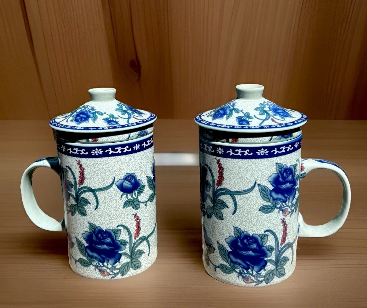 Pair Yong Xing Blue Rose Porcelain Tea Infuser Mugs w/ Lids & Strainers Floral