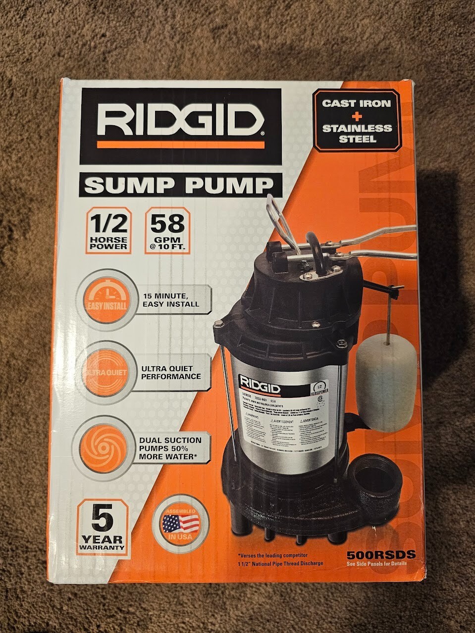 RIDGID 1/2 HP Cast Iron Sump Pump SP500 40066218650 eBay