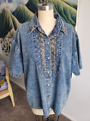 80s Womens Pretty Bleu Denim Shirt Large Acid Wash Button Up Bedazzled 