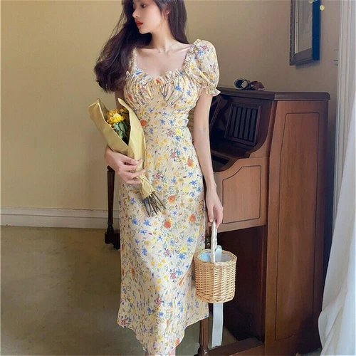 Damen Blumen Tee Kleid Puff Kurzarm Chiffon Rüschen Midi Retro Mode Freizeit - Bild 2 von 8